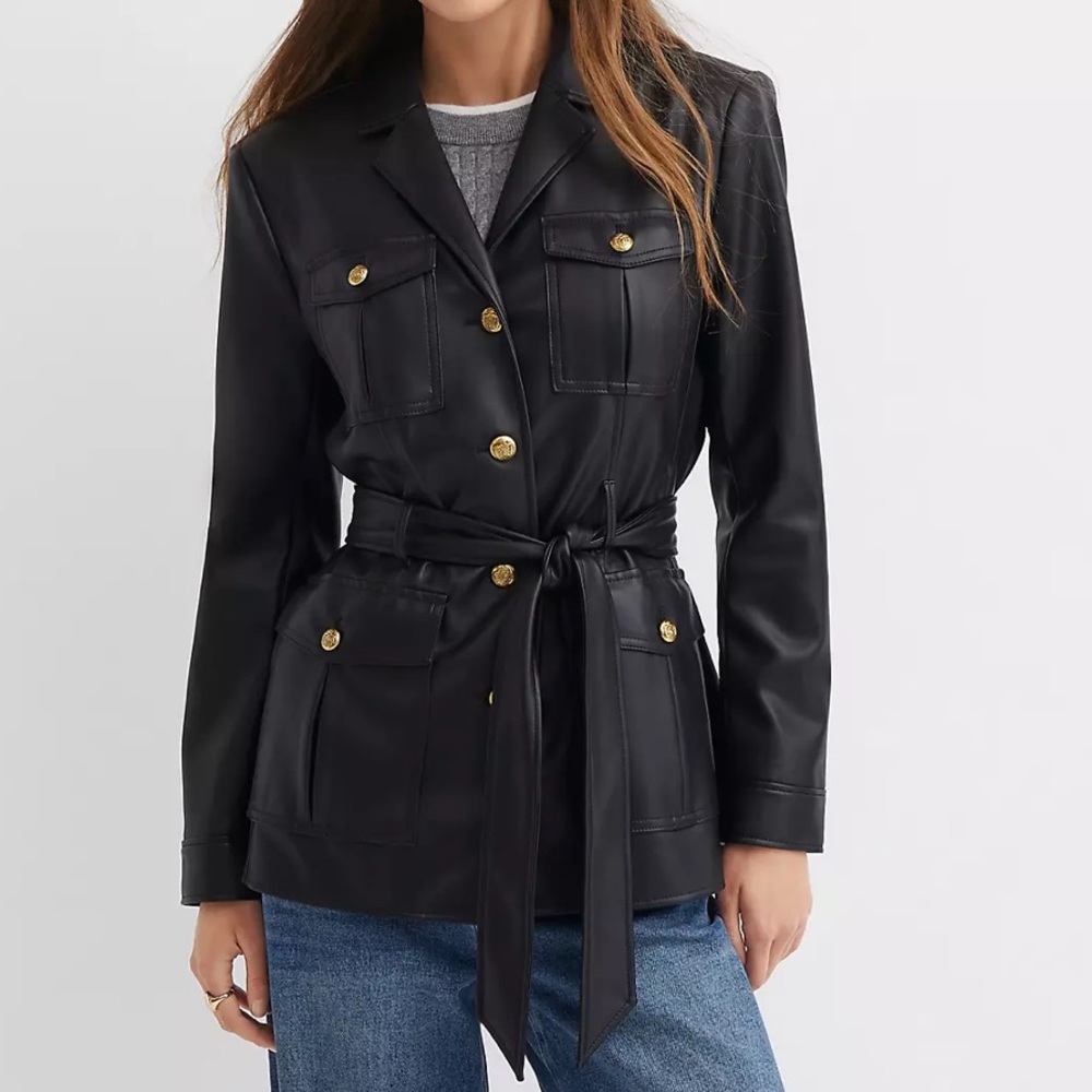 LOFT Black Faux Leather Belted Jacket